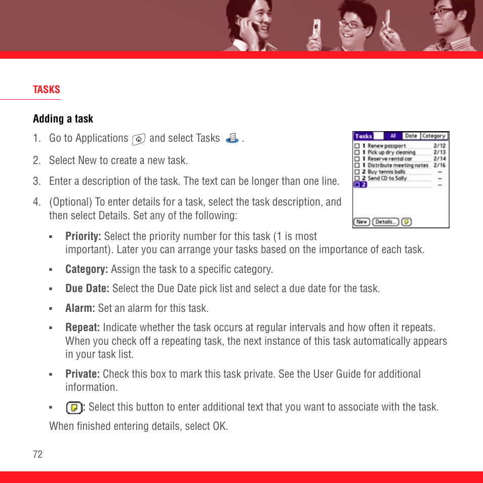 Tasks, Adding a task, Category: assign the task to a specific category | Alarm: set an alarm for this task | Palm Treo 700P User Manual | Page 76 / 212