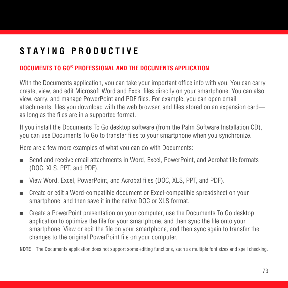 Staying productive, Documents to go | Palm Treo 700P User Manual | Page 77 / 212