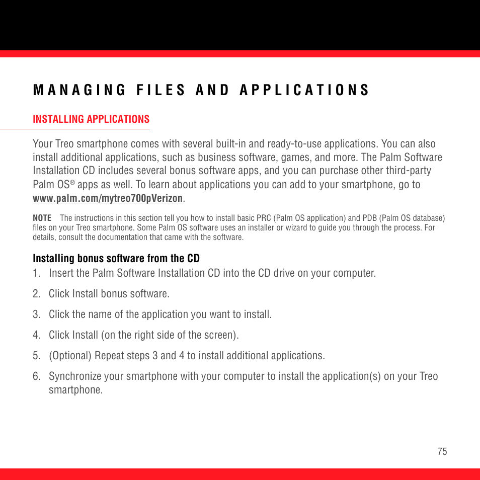 Managing files and applications, Installing applications, Installing bonus software from the cd | Palm Treo 700P User Manual | Page 79 / 212