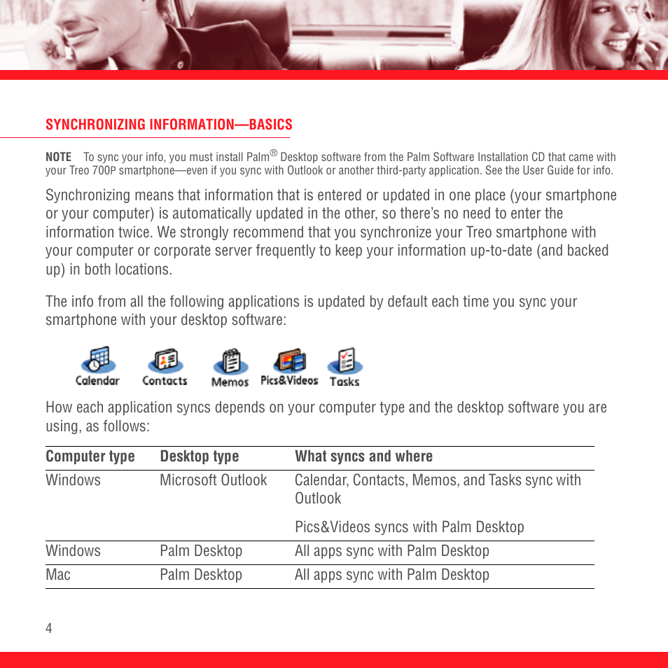 Synchronizing information-basics, Synchronizing information—basics | Palm Treo 700P User Manual | Page 8 / 212