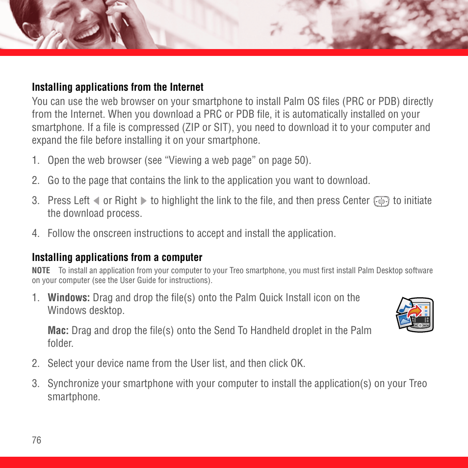 Installing applications from the internet, Installing applications from a computer | Palm Treo 700P User Manual | Page 80 / 212