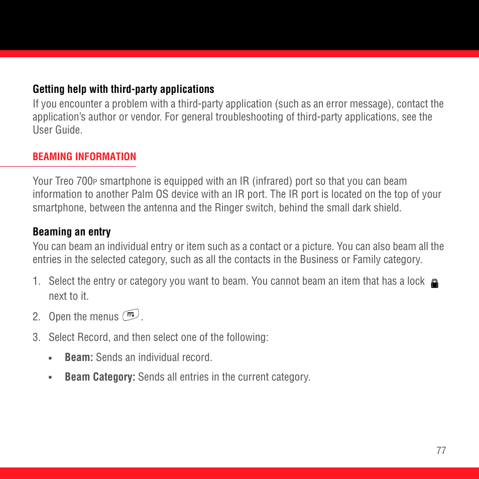 Getting help with third-party applications, Beaming information, Beaming an entry | Palm Treo 700P User Manual | Page 81 / 212