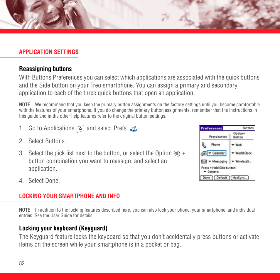 Application settings, Reassigning buttons, Locking your smartphone and info | Locking your keyboard (keyguard) | Palm Treo 700P User Manual | Page 86 / 212