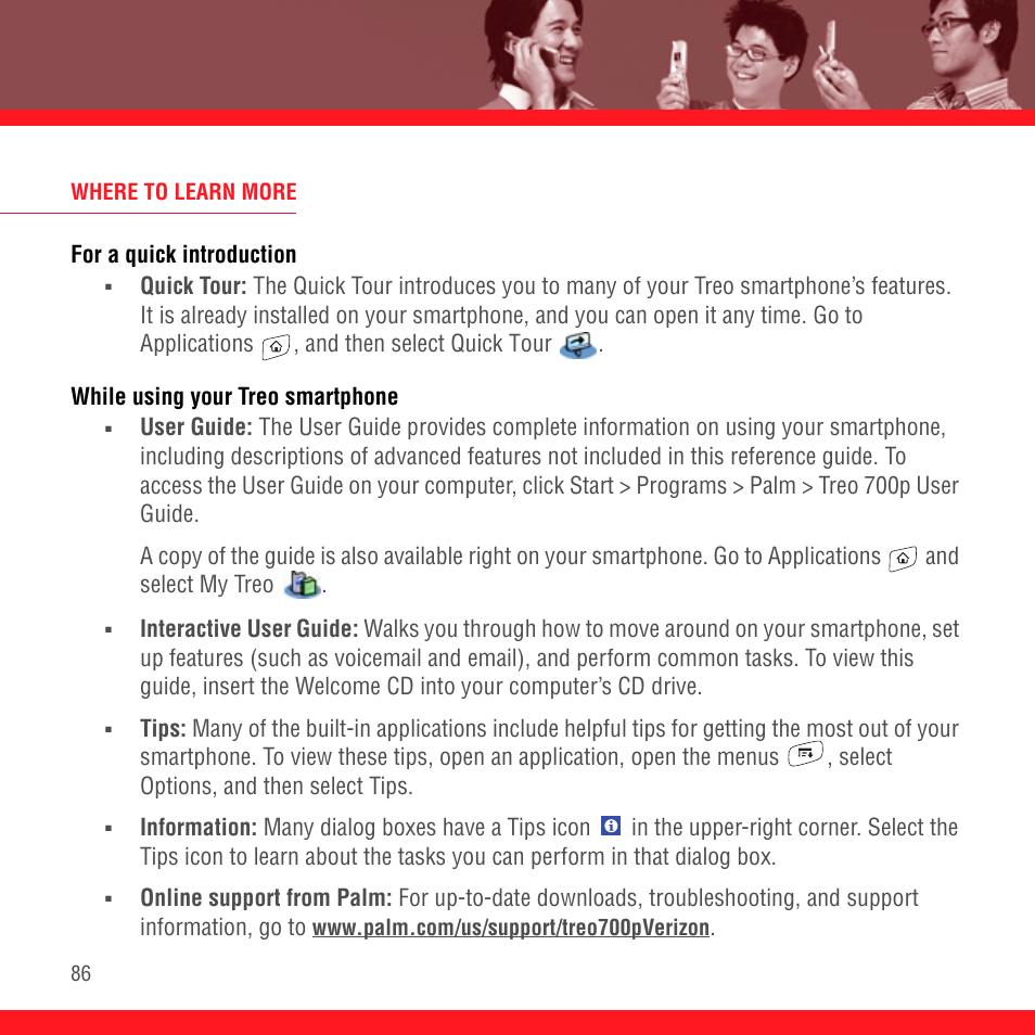Where to learn more, For a quick introduction, While using your treo smartphone | Palm Treo 700P User Manual | Page 90 / 212