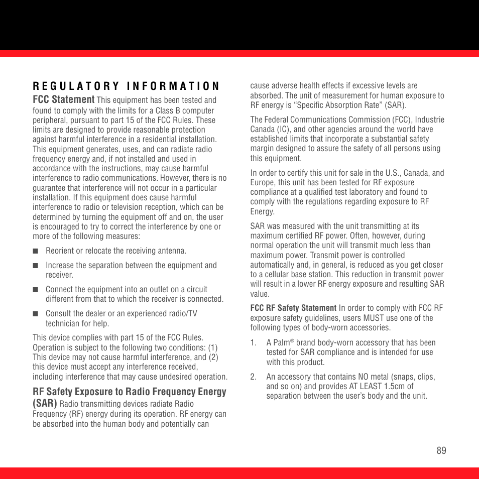 Regulatory information, Fcc statement, Rf safety exposure to radio frequency energy (sar) | Palm Treo 700P User Manual | Page 93 / 212