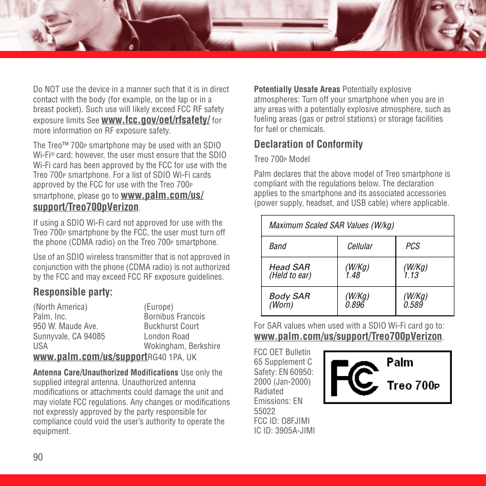 Responsible party, Declaration of conformity | Palm Treo 700P User Manual | Page 94 / 212