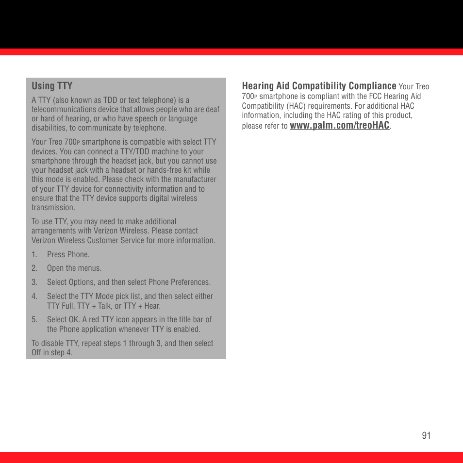 Using tty, Hearing aid compatibility compliance | Palm Treo 700P User Manual | Page 95 / 212