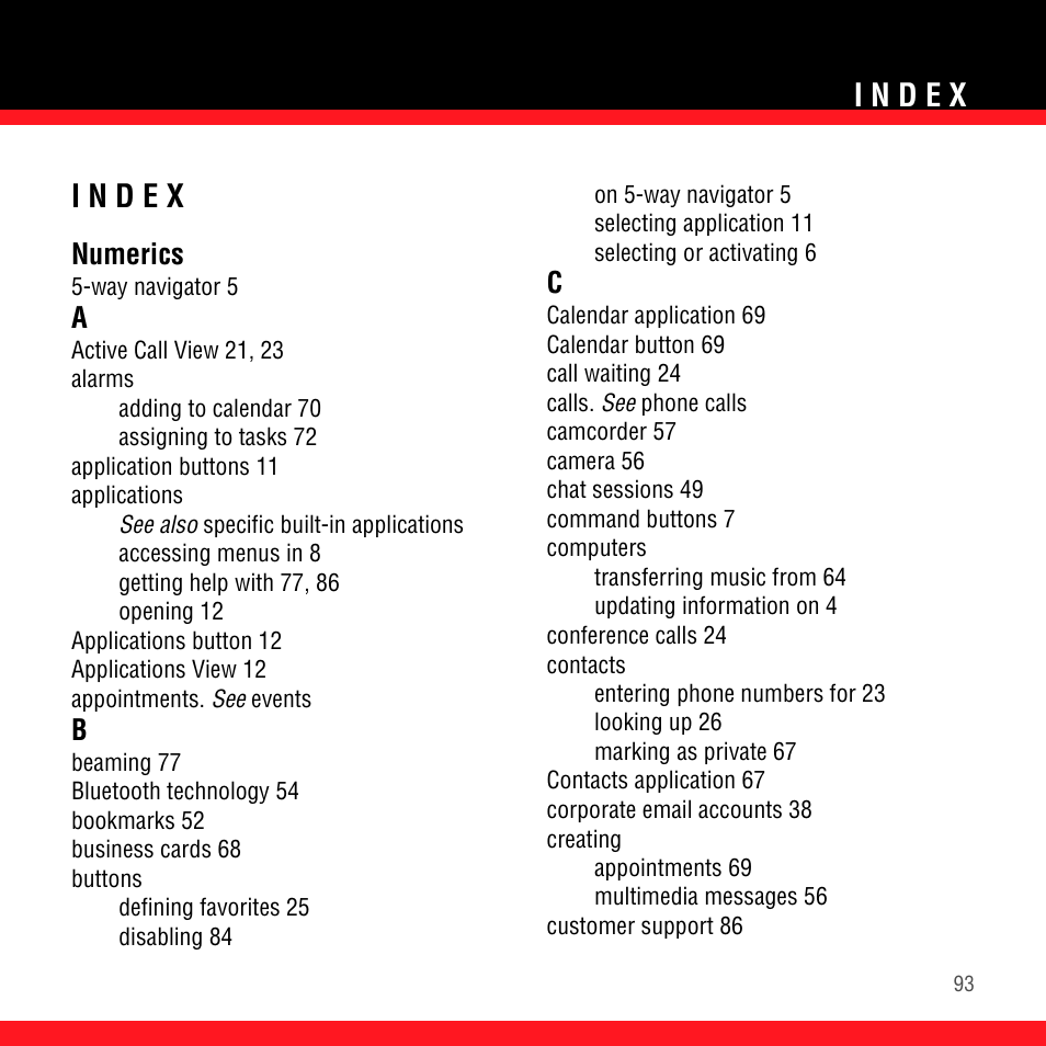 Index, Numerics | Palm Treo 700P User Manual | Page 97 / 212