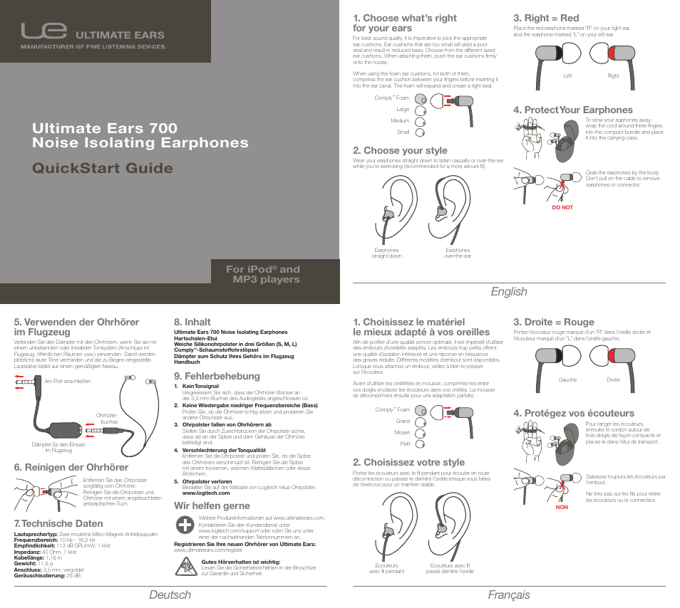 Deutsch english français, Choose what’s right for your ears, Choose your style | Right = red, Protect your earphones, Choisissez votre style, Droite = rouge, Protégez vos écouteurs, For ipod, And mp3 players | Logitech UE700 User Manual | Page 2 / 4