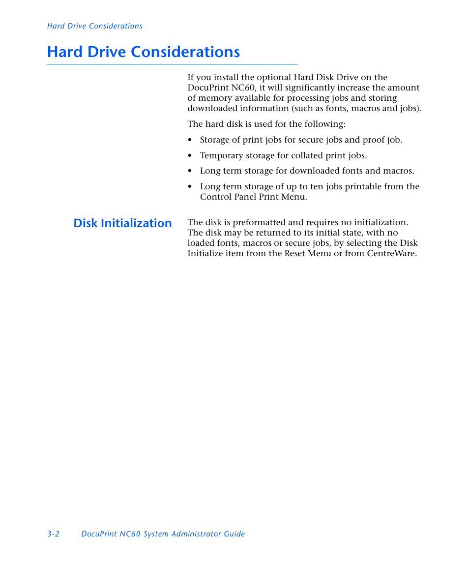 Hard drive considerations, Disk initialization, Hard drive considerations -2 | Disk initialization -2 | Xerox DocuPrint NC60 User Manual | Page 124 / 186