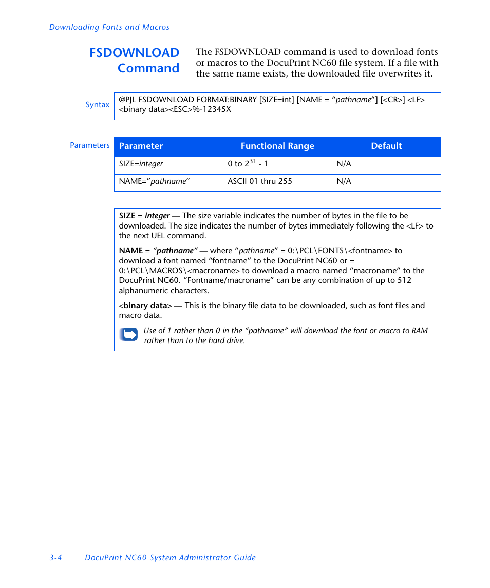 Fsdownload command, Fsdownload command -4 | Xerox DocuPrint NC60 User Manual | Page 126 / 186