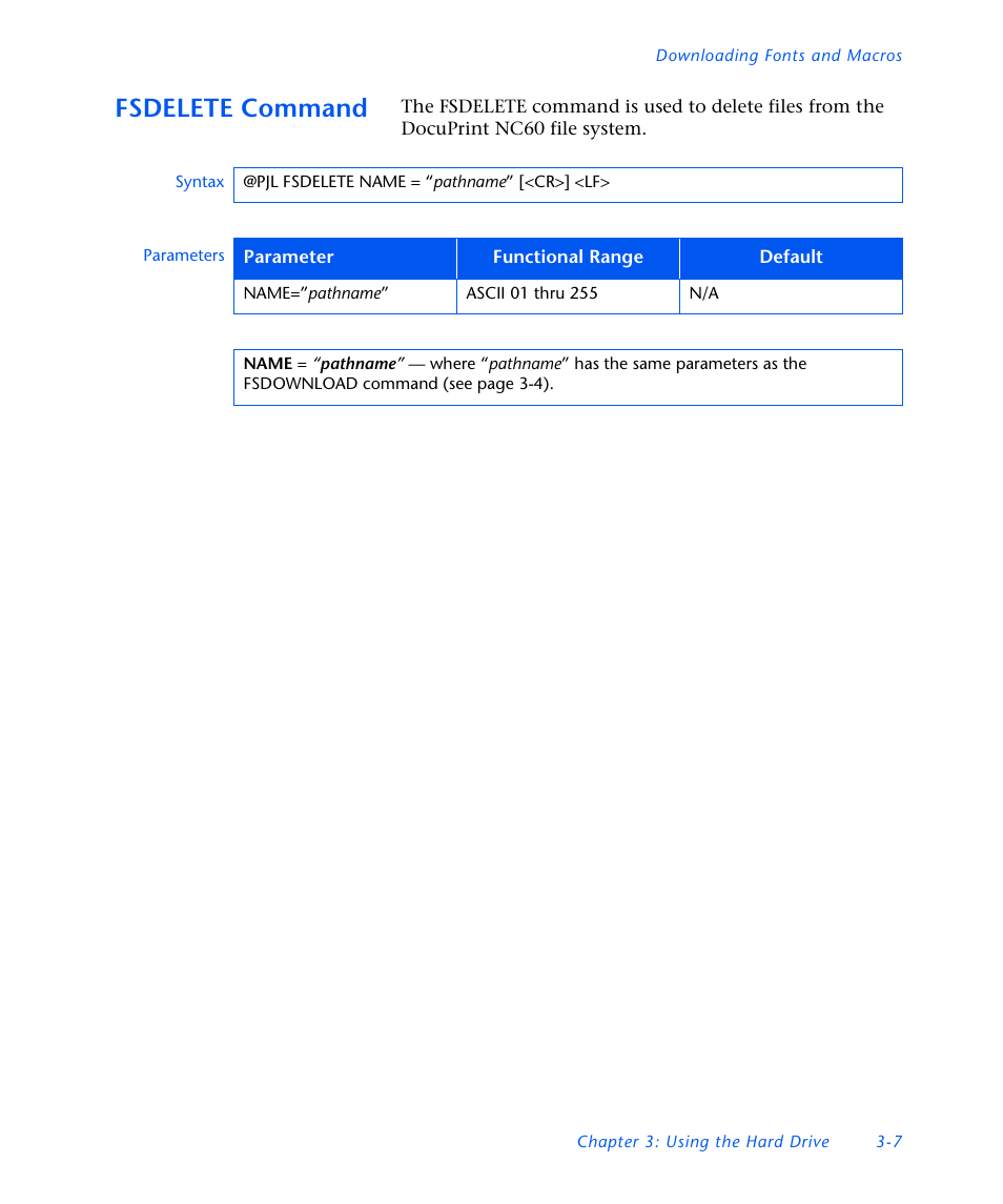 Fsdelete command, Fsdelete command -7 | Xerox DocuPrint NC60 User Manual | Page 129 / 186