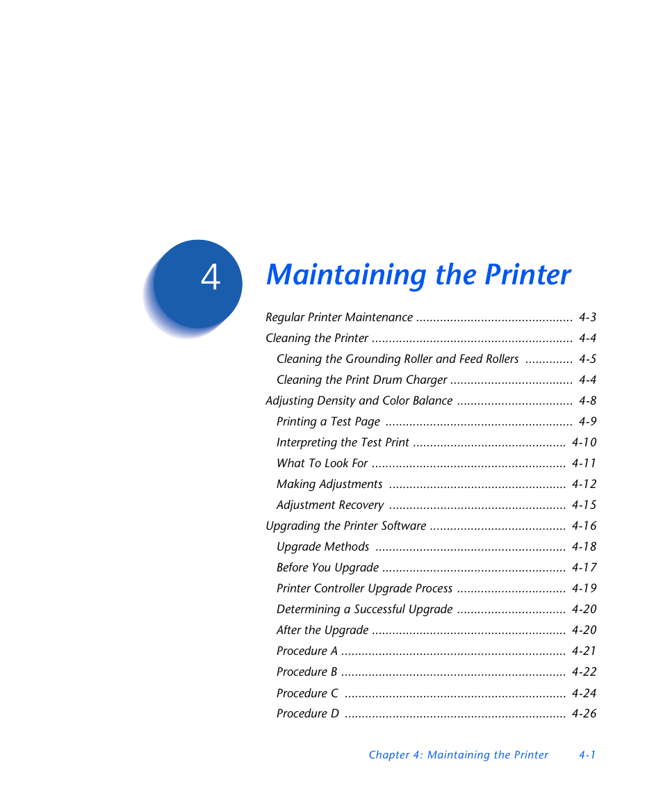 Maintaining the printer, Chapter 4, Maintaining the printer -1 | Xerox DocuPrint NC60 User Manual | Page 135 / 186