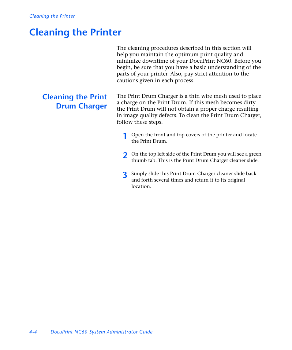 Cleaning the printer, Cleaning the print drum charger, Cleaning the printer -4 | Cleaning the print drum charger -4 | Xerox DocuPrint NC60 User Manual | Page 138 / 186