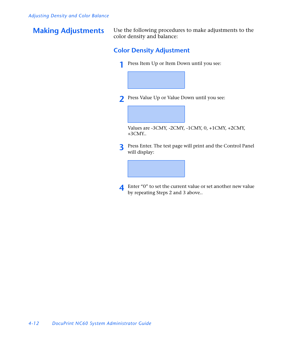 Making adjustments, Color density adjustment, Making adjustments -12 | Xerox DocuPrint NC60 User Manual | Page 146 / 186