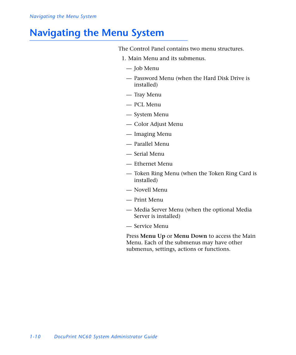 Navigating the menu system, Navigating the menu system -10 | Xerox DocuPrint NC60 User Manual | Page 16 / 186