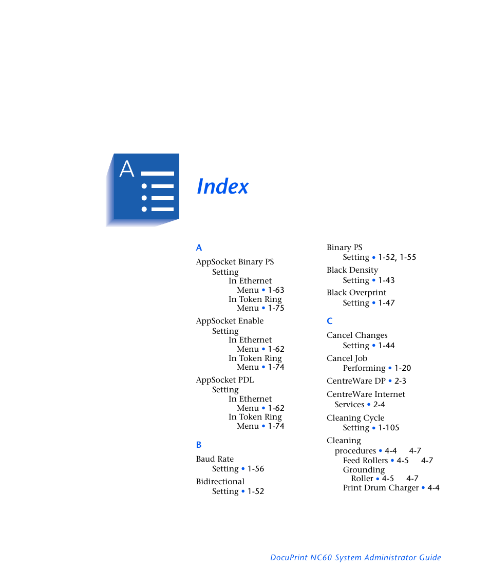 Index | Xerox DocuPrint NC60 User Manual | Page 179 / 186