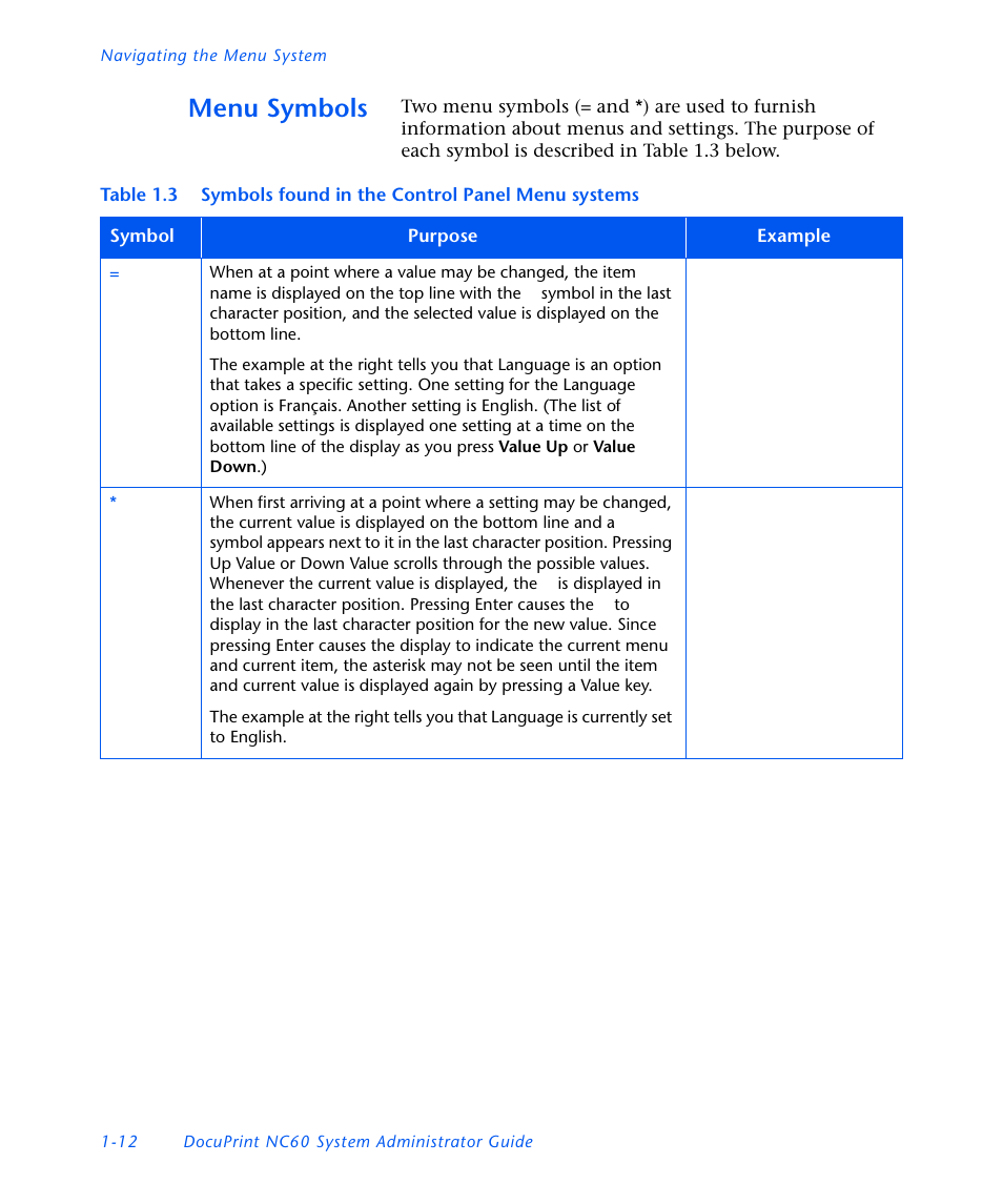 Menu symbols, Menu symbols -12 | Xerox DocuPrint NC60 User Manual | Page 18 / 186