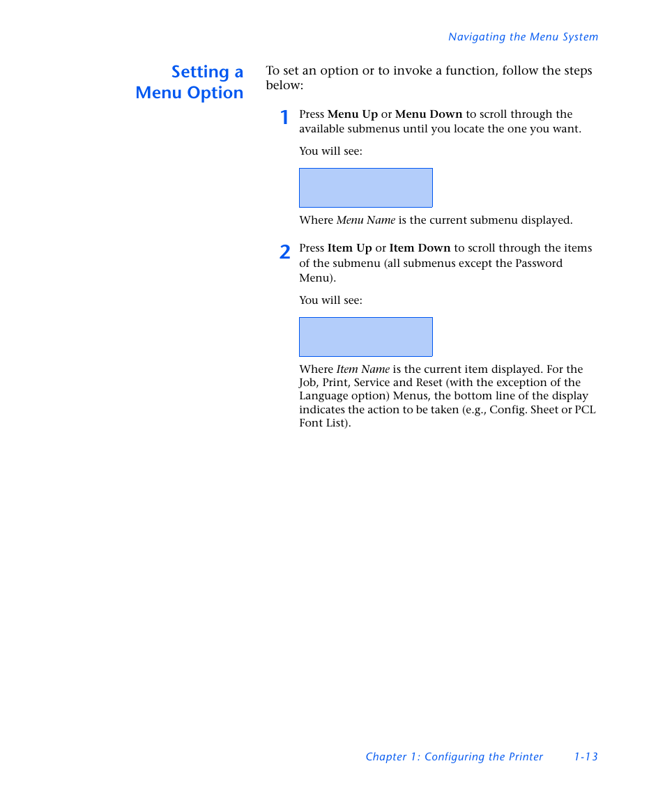 Setting a menuoption, Setting a menu option -13, Setting a menu option | Xerox DocuPrint NC60 User Manual | Page 19 / 186