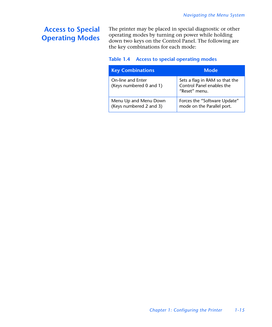 Access to special operating modes, Access to special operating modes -15 | Xerox DocuPrint NC60 User Manual | Page 21 / 186