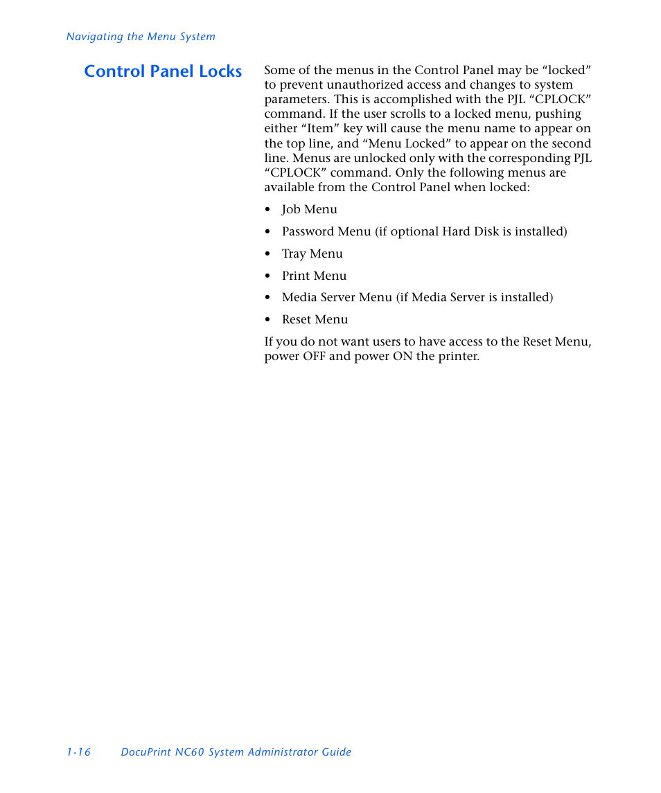 Control panel locks, Control panel locks -16 | Xerox DocuPrint NC60 User Manual | Page 22 / 186