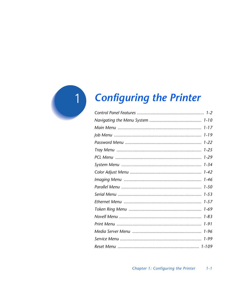 Configuring the printer, Chapter 1, Configuring the printer -1 | Xerox DocuPrint NC60 User Manual | Page 7 / 186