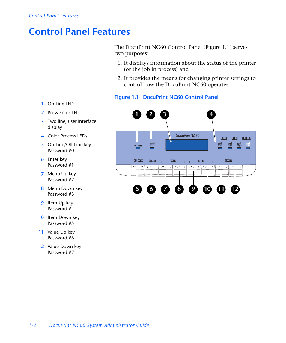 Control panel features, Control panel features -2 | Xerox DocuPrint NC60 User Manual | Page 8 / 186