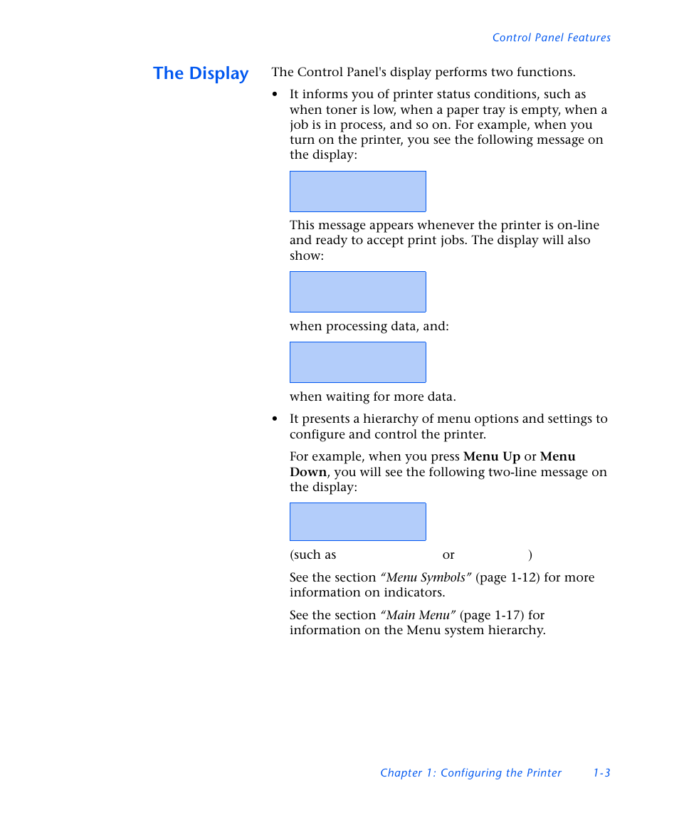 The display, The display -3 | Xerox DocuPrint NC60 User Manual | Page 9 / 186