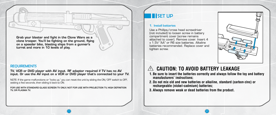 Caution: to avoid battery leakage, Set up, Requirements | Tiger Electronics Trooper Blaster Game User Manual | Page 2 / 6