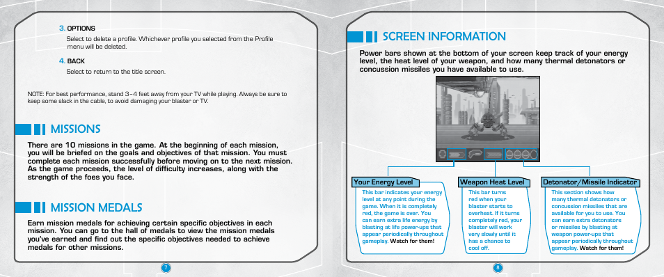 Missions, Mission medals, Screen information | Tiger Electronics Trooper Blaster Game User Manual | Page 5 / 6