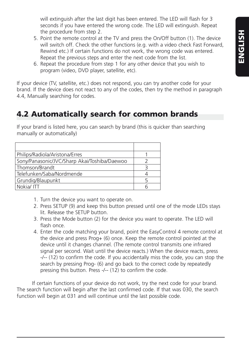 English, 2 automatically search for common brands, Brand code | 2nd Ave. MARMITEK Remote EasyControl4 130405 User Manual | Page 7 / 10