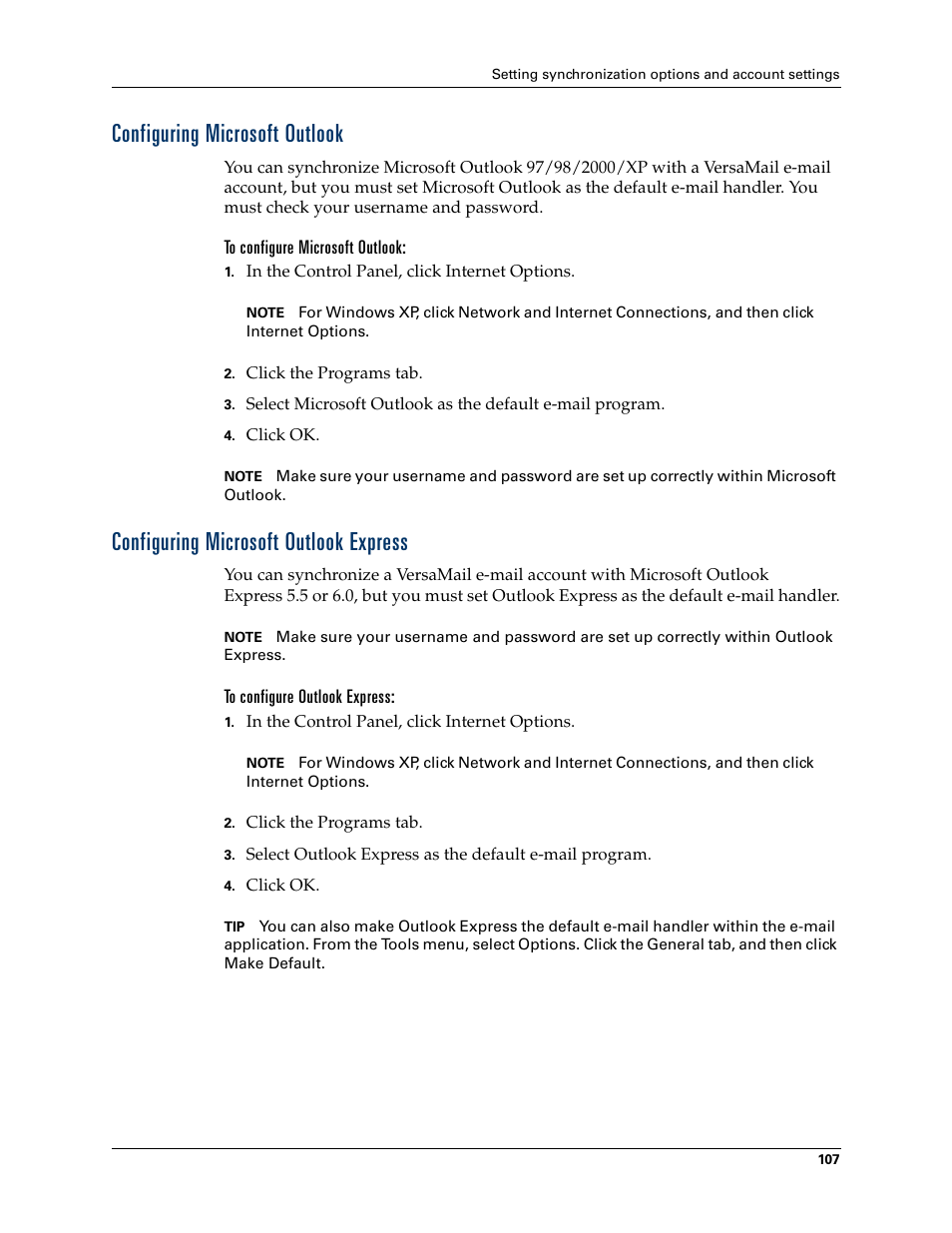 Configuring microsoft outlook, Configuring microsoft outlook express, Configuring | Microsoft outlook, Express, Late | 2nd Ave. Palm VersaMail 2.5 User Manual | Page 113 / 166
