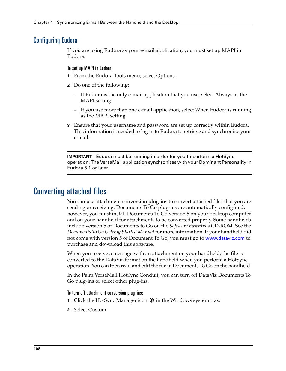 Configuring eudora, Converting attached files | 2nd Ave. Palm VersaMail 2.5 User Manual | Page 114 / 166