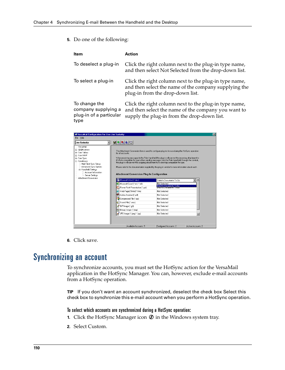 Synchronizing an account | 2nd Ave. Palm VersaMail 2.5 User Manual | Page 116 / 166