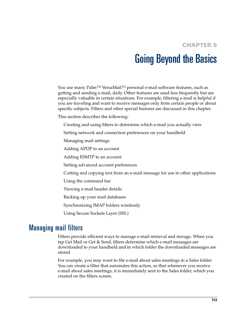 Going beyond the basics, Managing mail filters, Chapter 5: going beyond the basics | Chapter 5 | 2nd Ave. Palm VersaMail 2.5 User Manual | Page 119 / 166