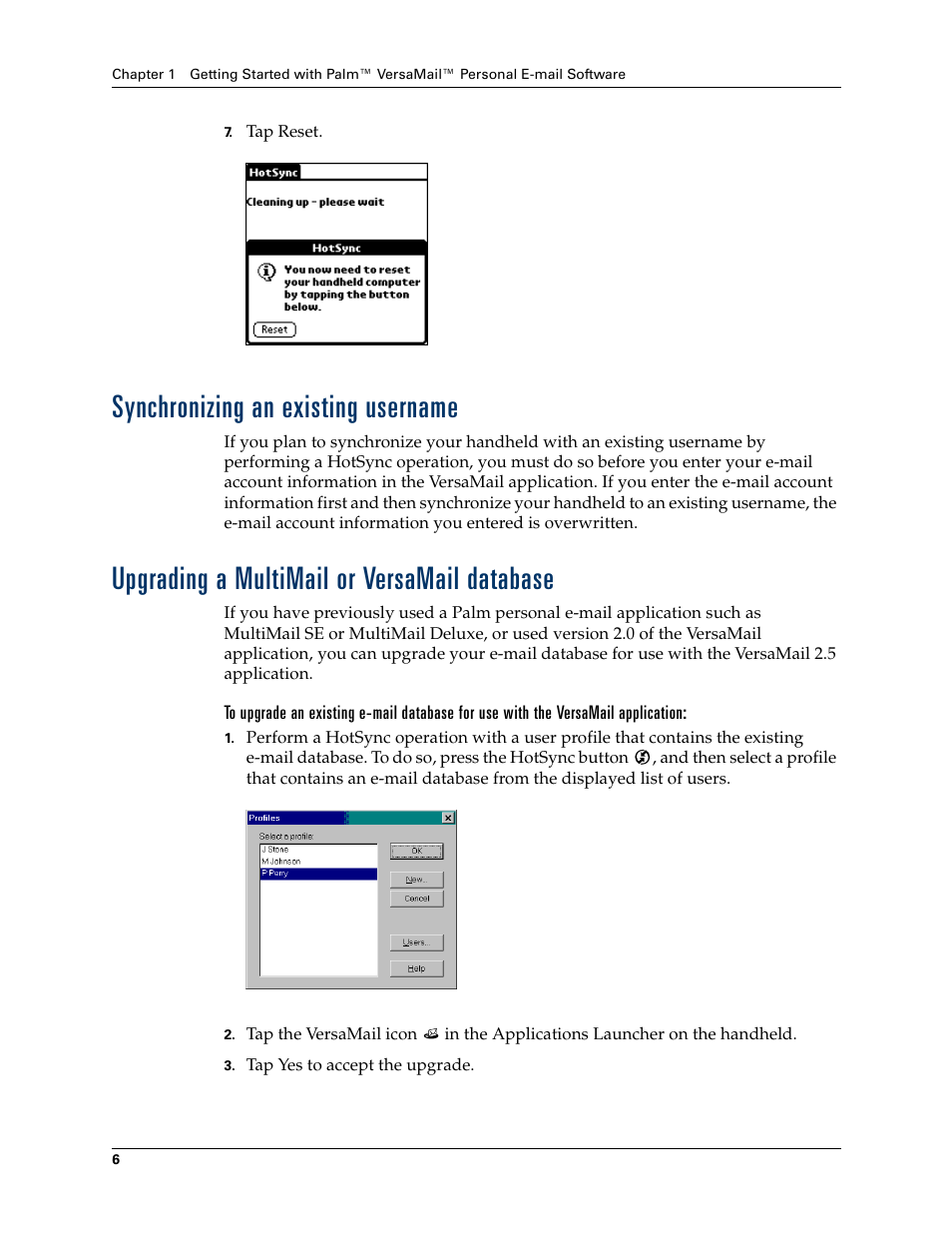 Synchronizing an existing username, Upgrading a multimail or versamail database | 2nd Ave. Palm VersaMail 2.5 User Manual | Page 12 / 166
