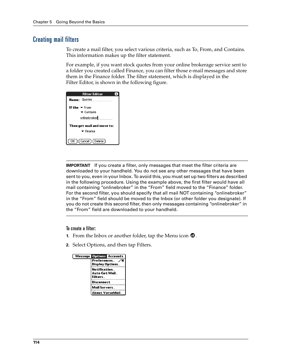 Creating mail filters, Chapter 5 | 2nd Ave. Palm VersaMail 2.5 User Manual | Page 120 / 166