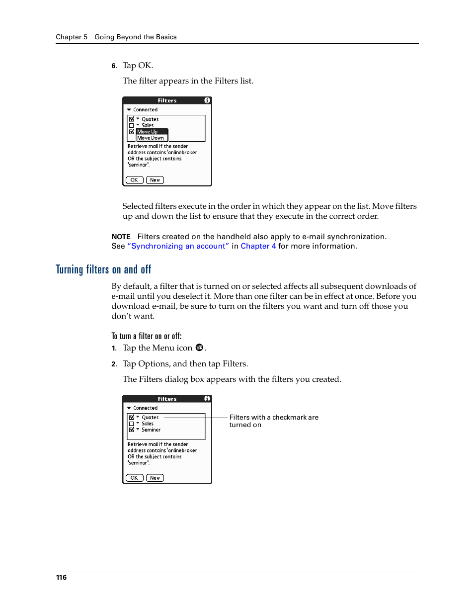 Turning filters on and off, Chapter 5 | 2nd Ave. Palm VersaMail 2.5 User Manual | Page 122 / 166