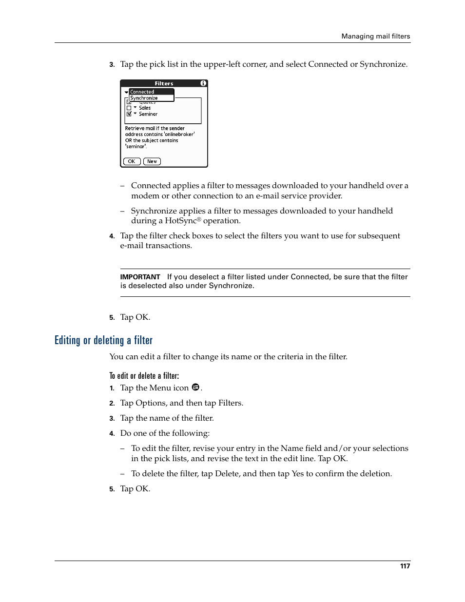 Editing or deleting a filter | 2nd Ave. Palm VersaMail 2.5 User Manual | Page 123 / 166