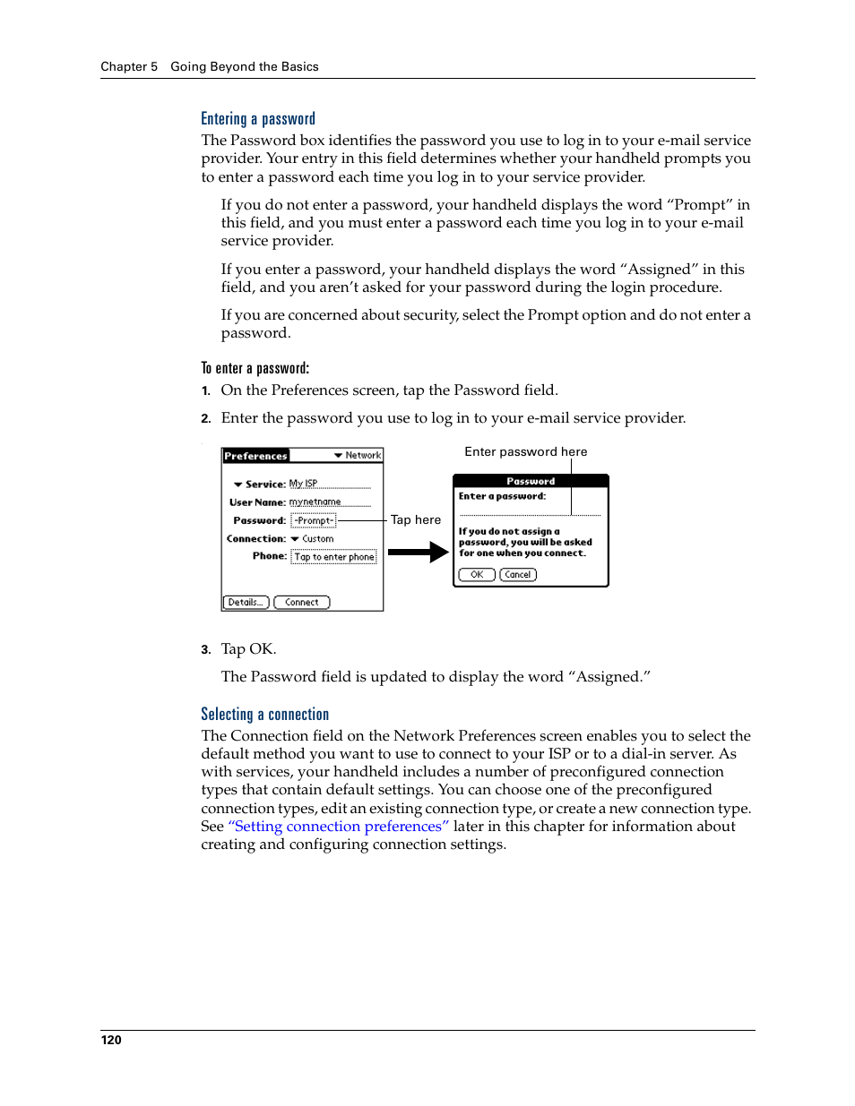 Entering a password, Selecting a connection | 2nd Ave. Palm VersaMail 2.5 User Manual | Page 126 / 166