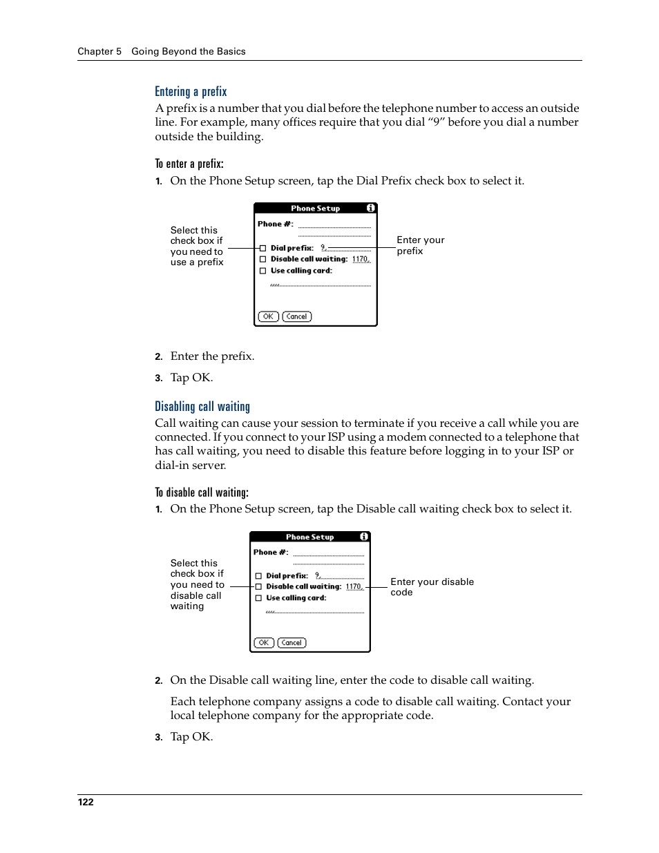 Entering a prefix, Disabling call waiting | 2nd Ave. Palm VersaMail 2.5 User Manual | Page 128 / 166