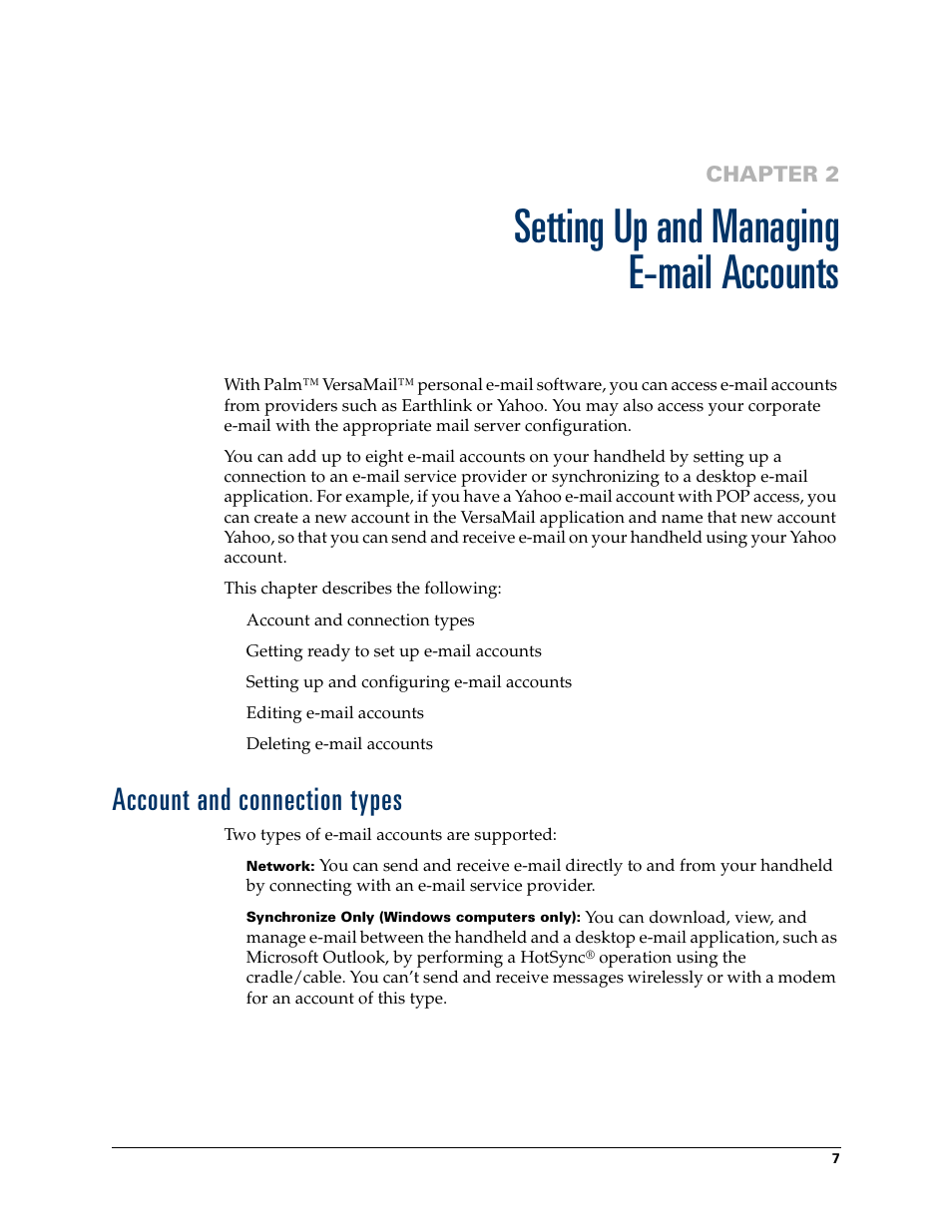 Setting up and managing email accounts, Account and connection types, Chapter 2: setting up and managing e-mail accounts | Setting up and managing e-mail accounts, Chapter 2 | 2nd Ave. Palm VersaMail 2.5 User Manual | Page 13 / 166