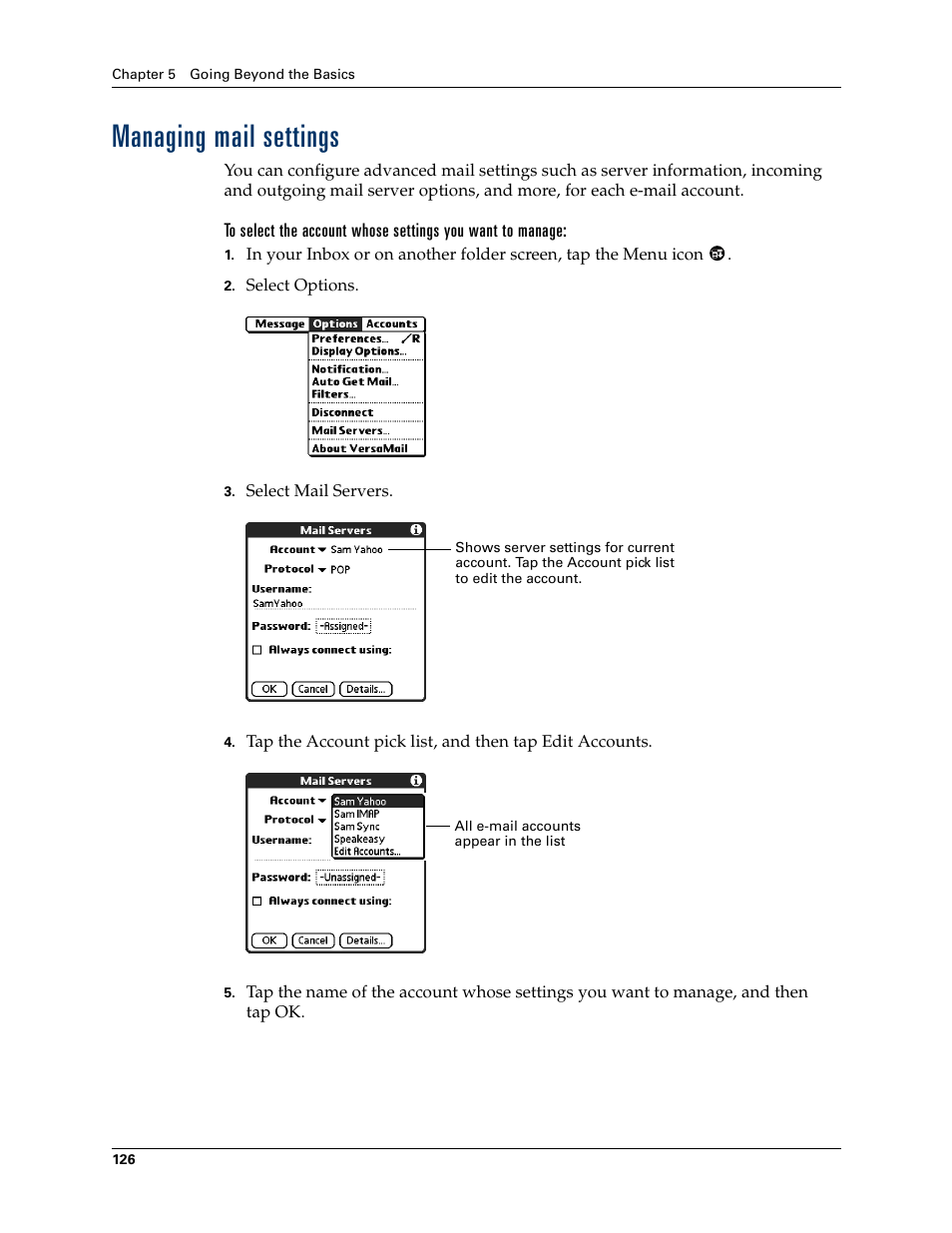 Managing mail settings | 2nd Ave. Palm VersaMail 2.5 User Manual | Page 132 / 166