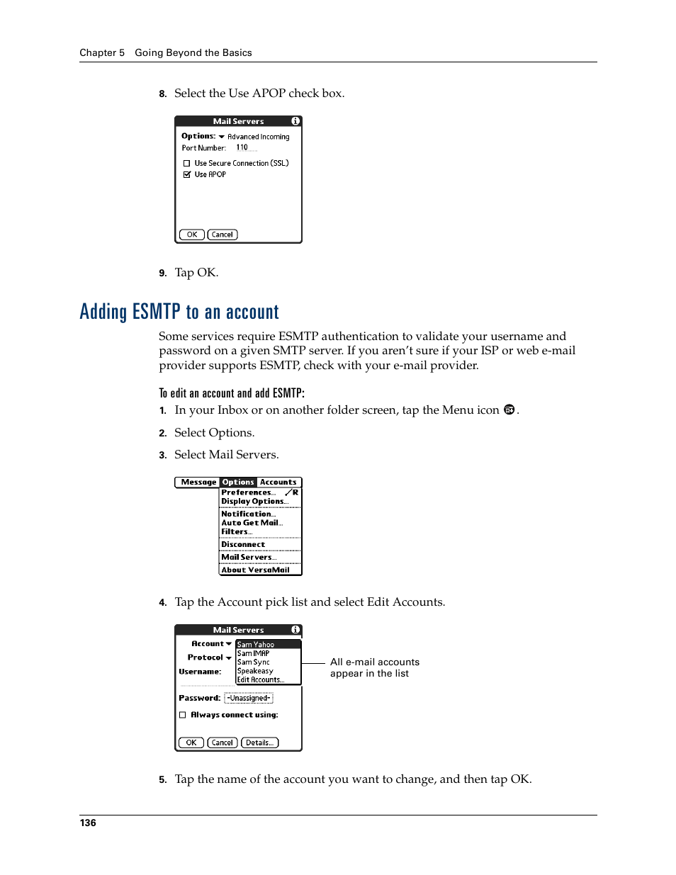 Adding esmtp to an account, Chapter 5, Ld. see | For de | 2nd Ave. Palm VersaMail 2.5 User Manual | Page 142 / 166