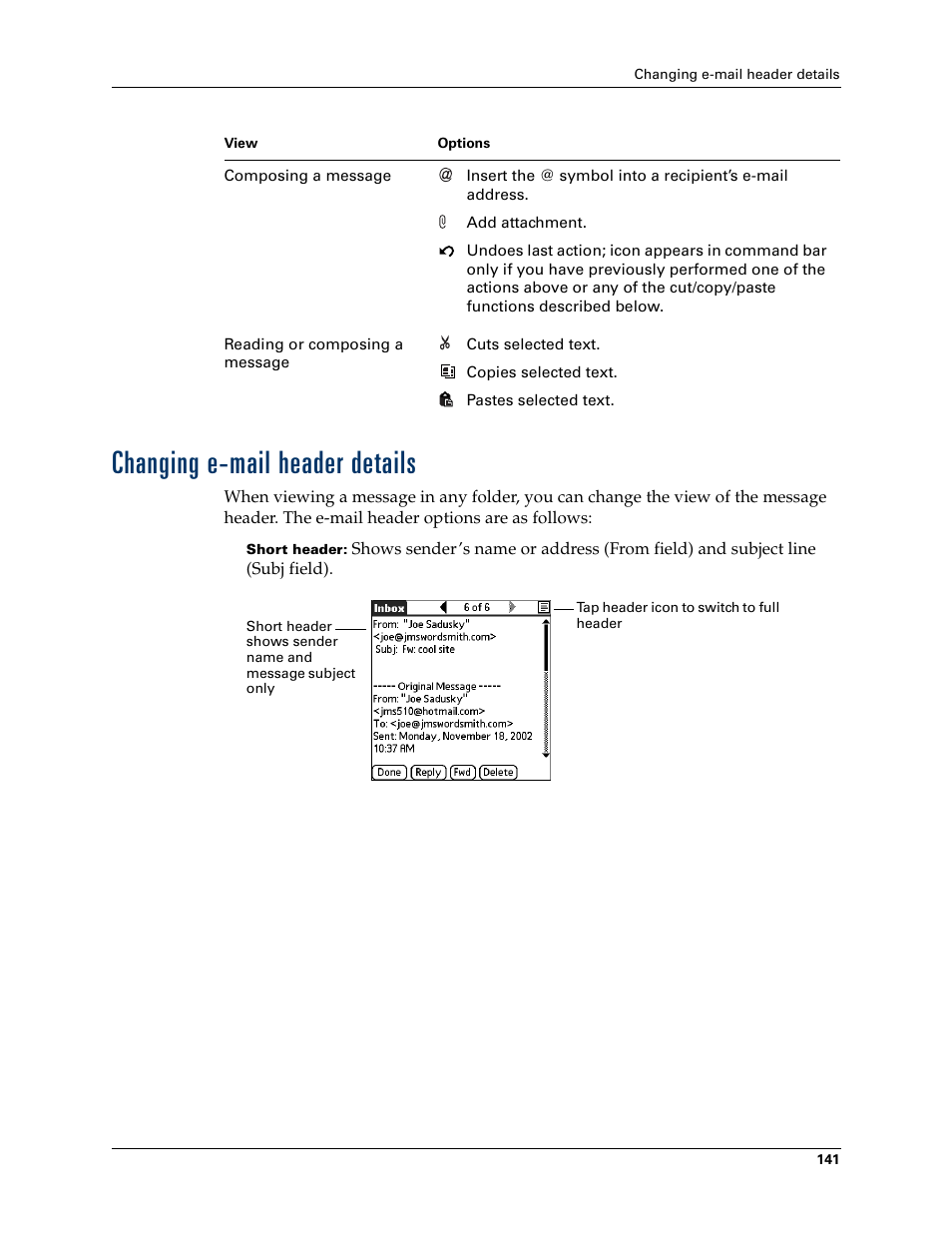 Changing e-mail header details | 2nd Ave. Palm VersaMail 2.5 User Manual | Page 147 / 166