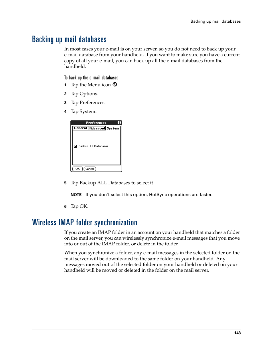 Backing up mail databases, Wireless imap folder synchronization, Wireless imap folder | Synchronization, Chapter 5 | 2nd Ave. Palm VersaMail 2.5 User Manual | Page 149 / 166