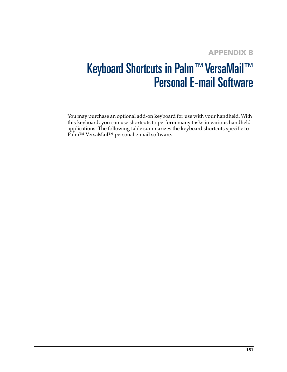 Keyboard shortcuts in palm, Versamail, Personal e-mail software | 2nd Ave. Palm VersaMail 2.5 User Manual | Page 157 / 166