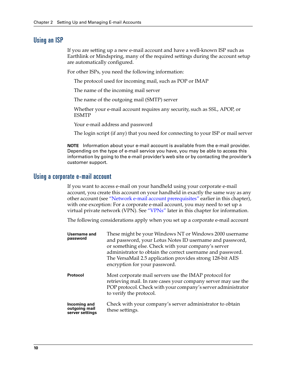 Using an isp, Using a corporate e-mail account, Using an isp using a corporate e-mail account | 2nd Ave. Palm VersaMail 2.5 User Manual | Page 16 / 166