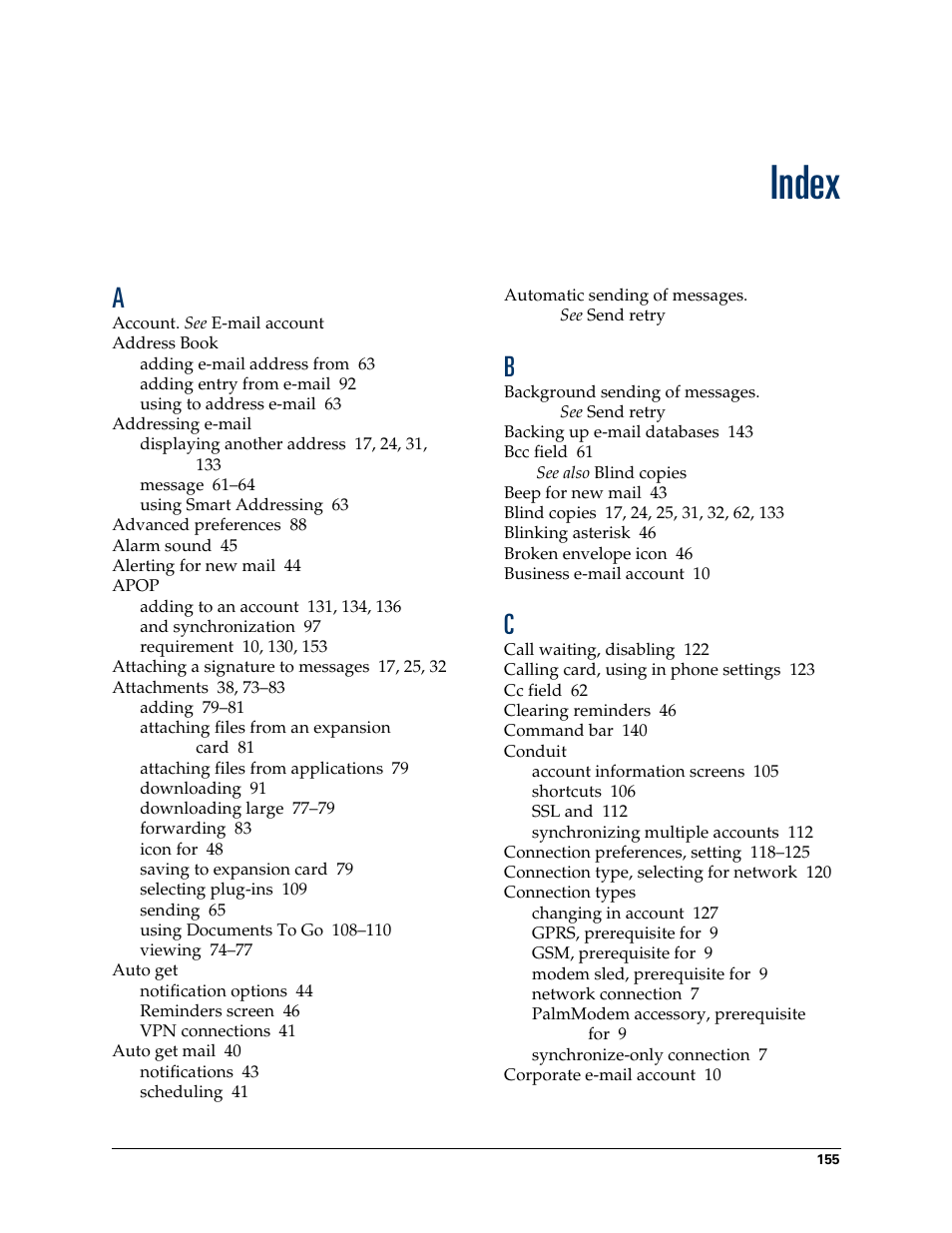 Index | 2nd Ave. Palm VersaMail 2.5 User Manual | Page 161 / 166