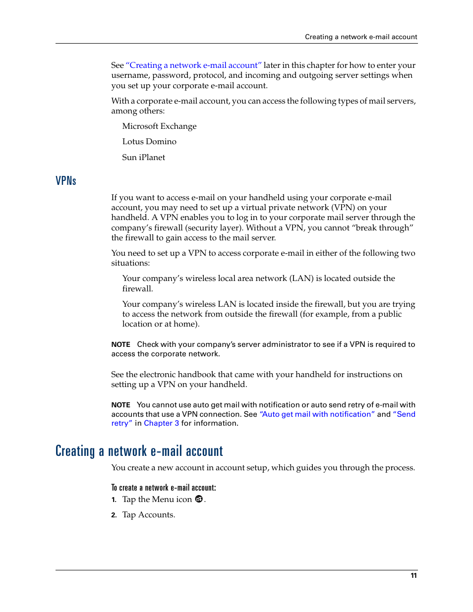 Vpns, Creating a network e-mail account | 2nd Ave. Palm VersaMail 2.5 User Manual | Page 17 / 166